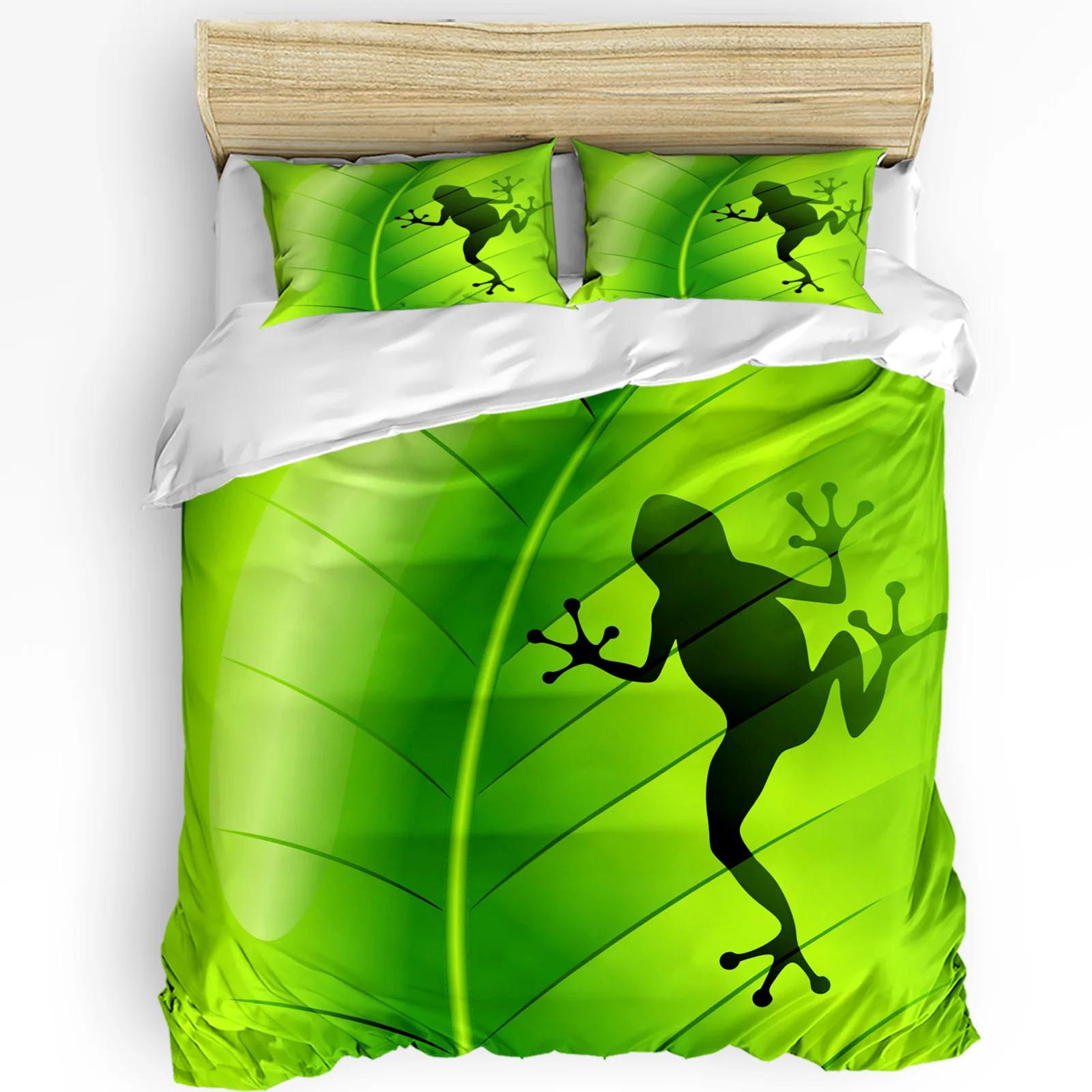 Animal Frog Silhouette Green Leaf Plant Bedding Set 3pcs Duvet Cover Pillowcase Quilt Cover Double Bed Set Home Text